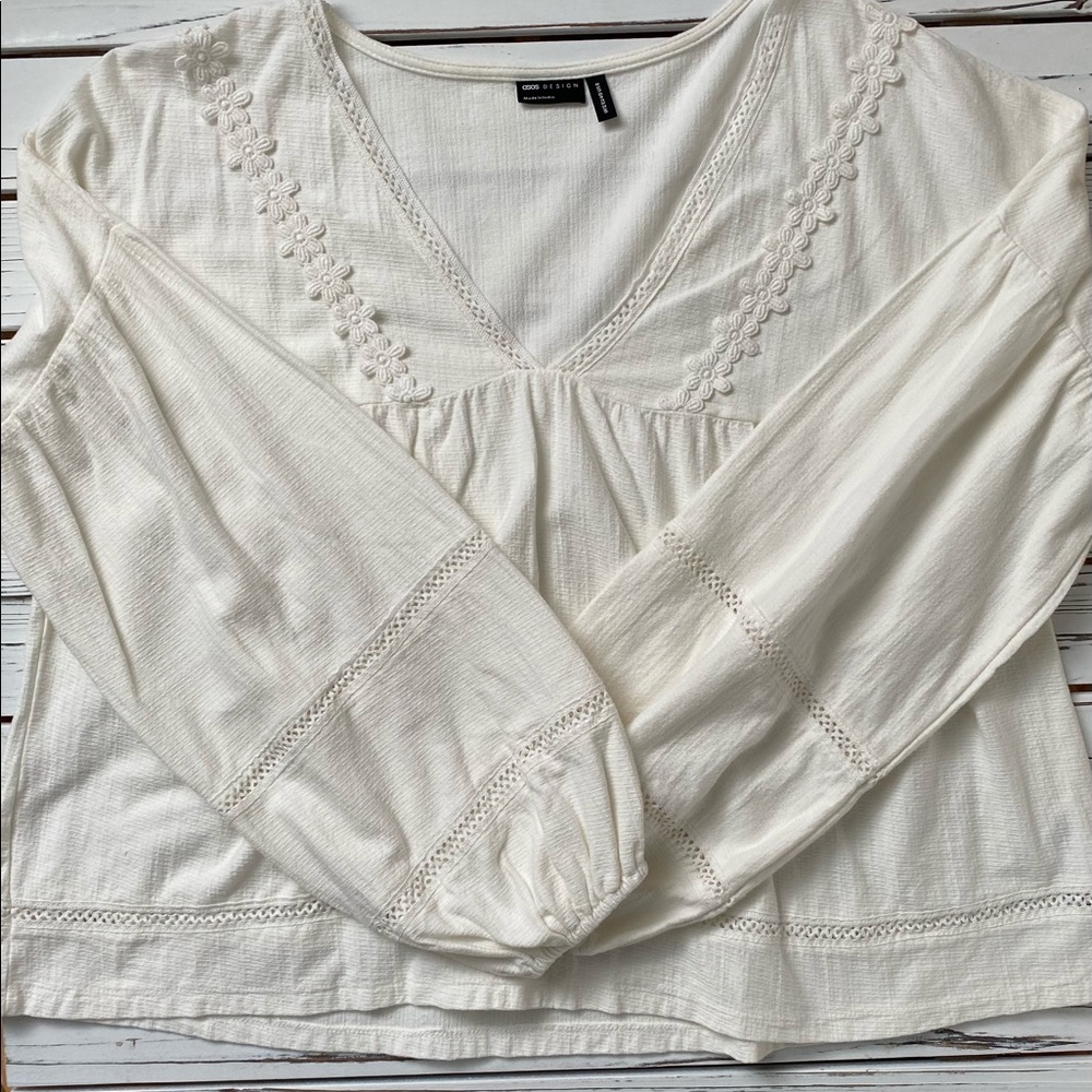 ASOS Puff Sleeve Embroidered V-Neck Peasant Blouse